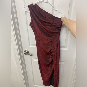 Red one shoulder glitter dress with slit